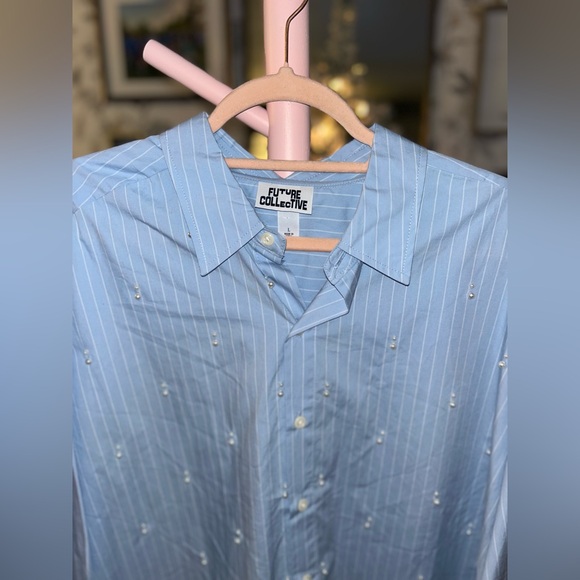 🖤Future Collective Blue Striped Shirt with Pearl Accents - Picture 2 of 2